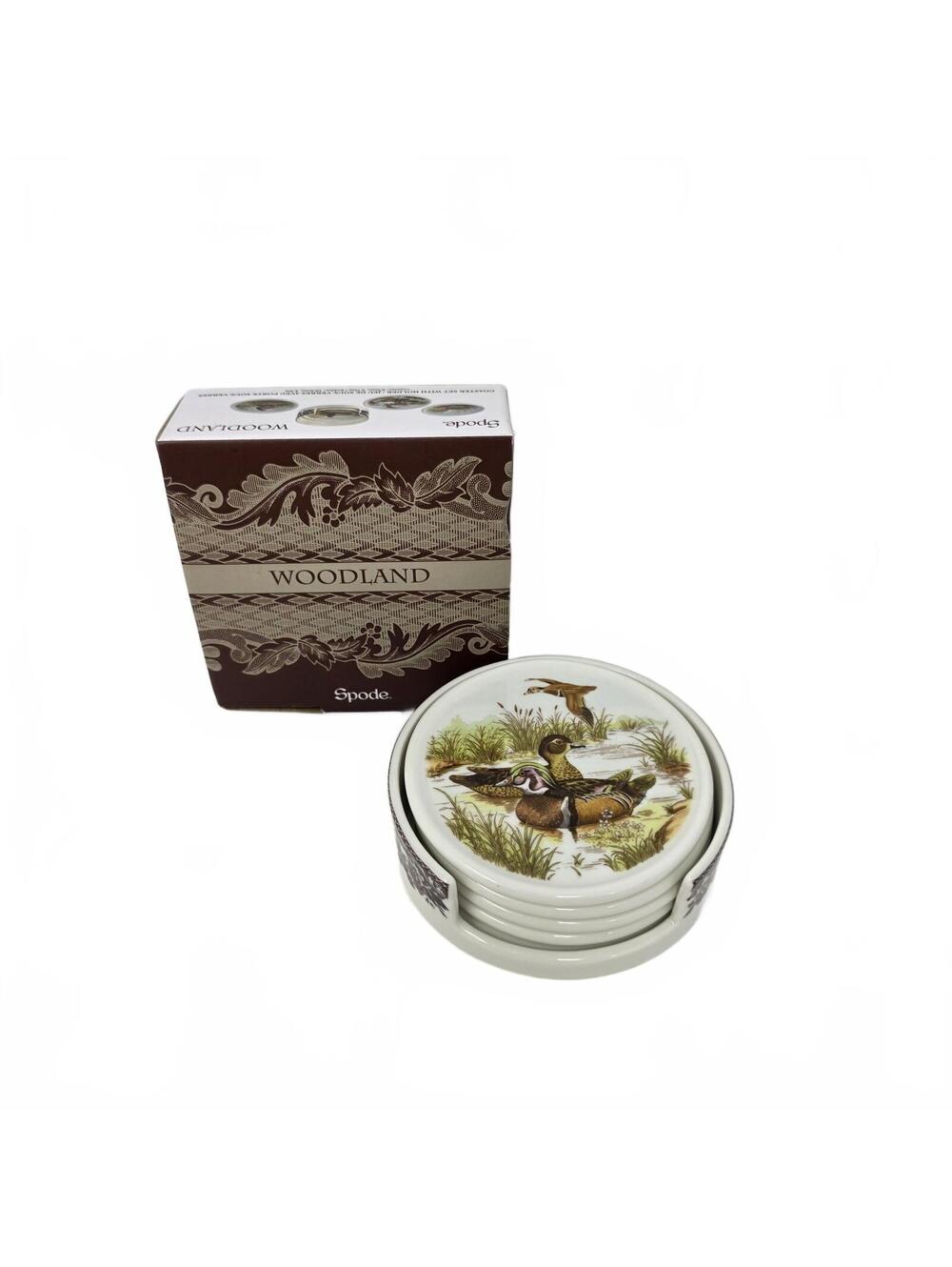 Spode Woodland Coaster Set with Holder Game Bird Duck Pheasant Hunting Cabin